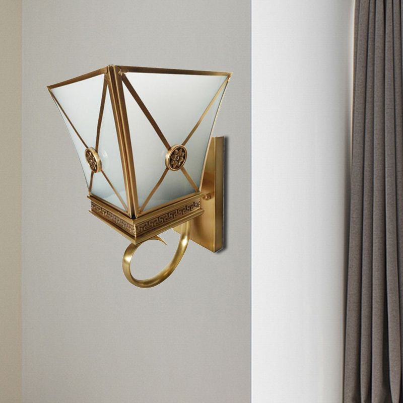 Tapered Opaque Glass Wall Sconce Vintage 1 Light Gold Finish Curly Arm Wall Light Fixture