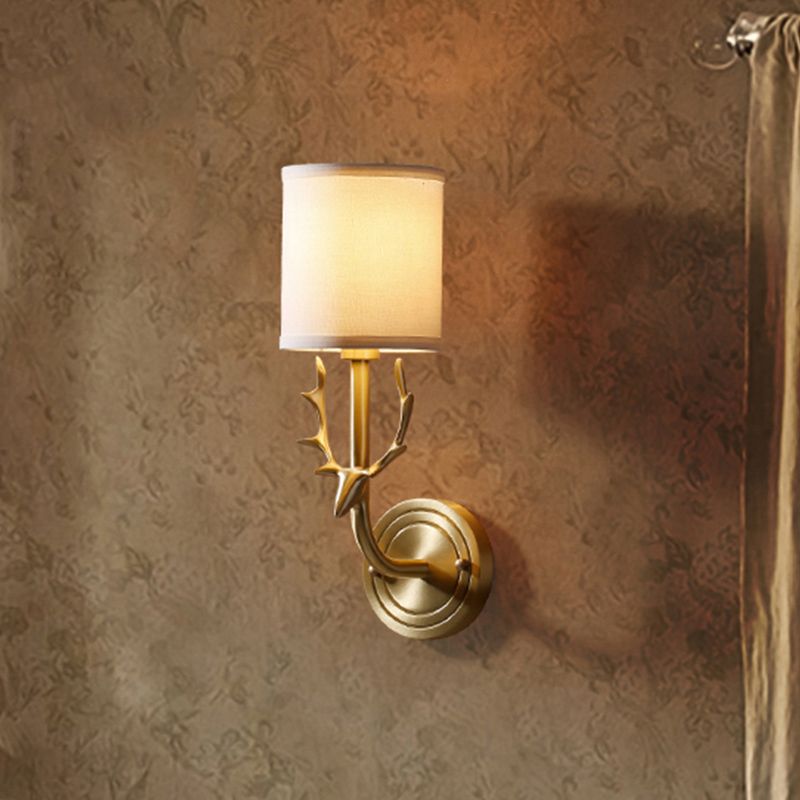 Modernism 1/2 Lights Wall Sconce with Fabric Shade Black/Gold Cylinder Wall Mount Light Fixture with Metal Antler