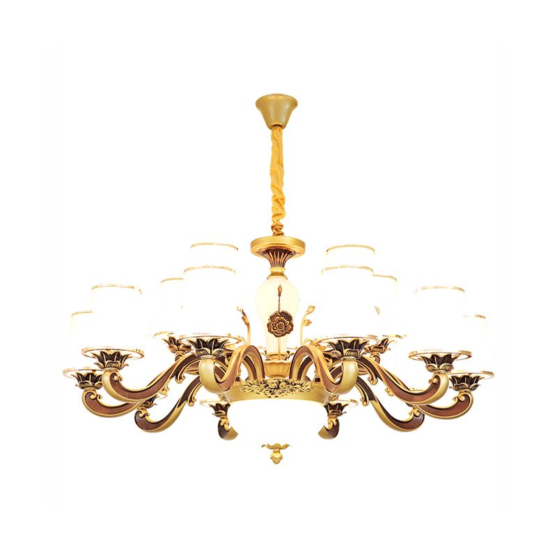 White Glass Flared Chandelier Vintage Dining Room Suspended Lighting Fixture in Brass