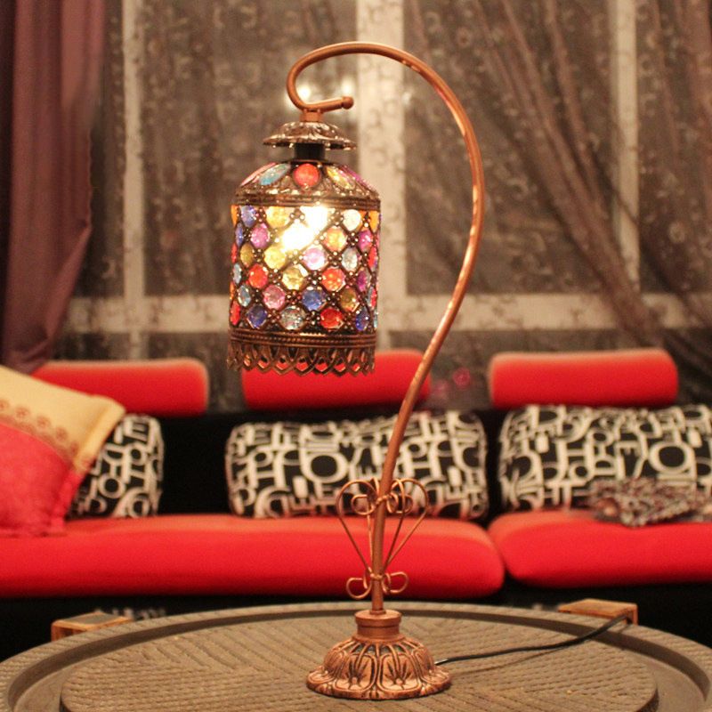 1-licht Gooseneck nachtkastje lamp Bohemen koper gebrandschilderd glas kralen tafellicht met zwanenhals arm