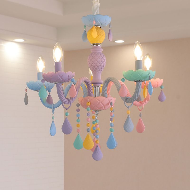 Girl Bedroom Candle Pendant Light Multi-Color Glass Macaron Chandelier