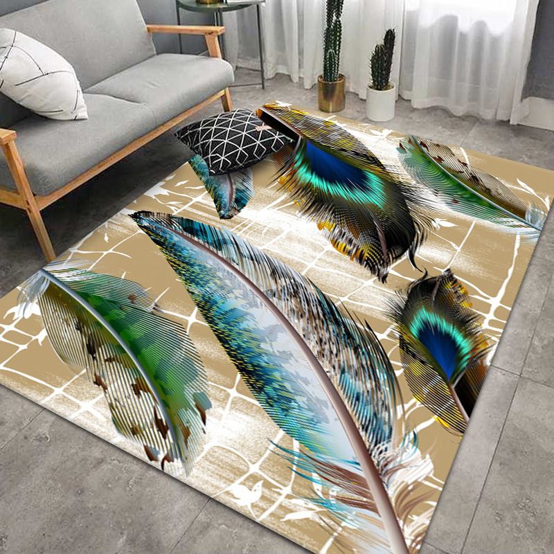 Dark Green Peacock Feathers Rug Polyester Modern Rug Washable Rug for Home Decor