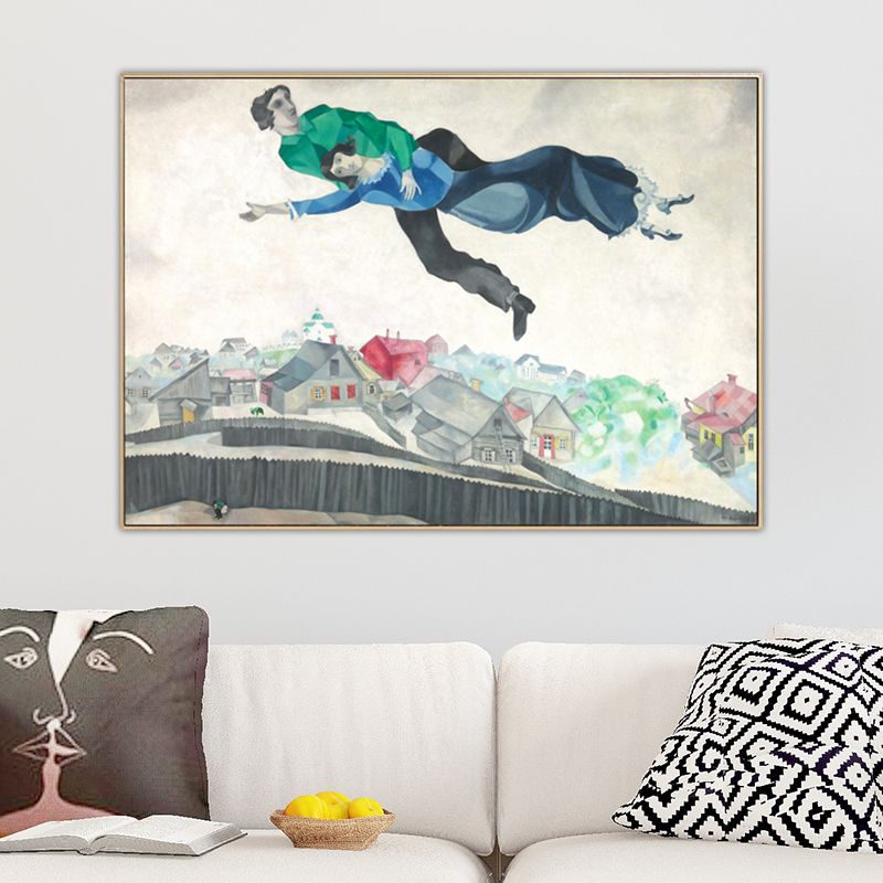 Lovers in the Sky Painting for Bedroom Marc Chagall Wall Art Decor in Blue, Textured