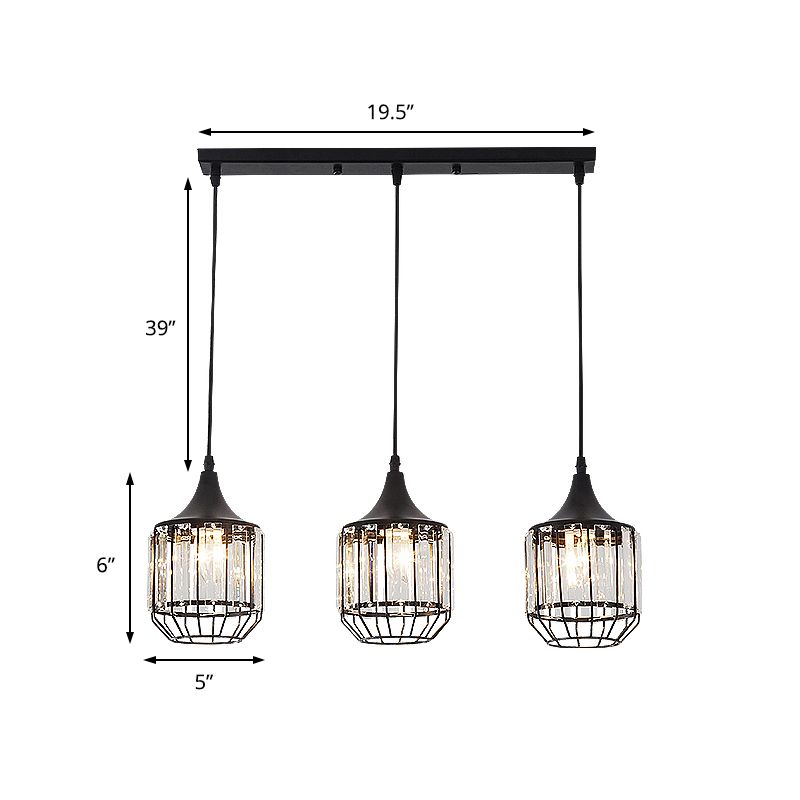 3 Light Dining Room Cluster Pendant Nordic Black Hanging Ceiling Light with Bottle/Cylinder/Urn Metal and Crystal Shade