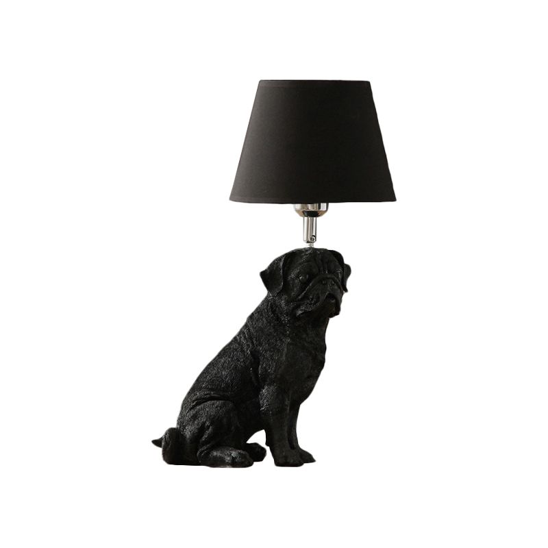 1 Bulb Fabric Night Table Light Traditional Black Drum Bedroom Nightstand Lamp with Resin Dog Base