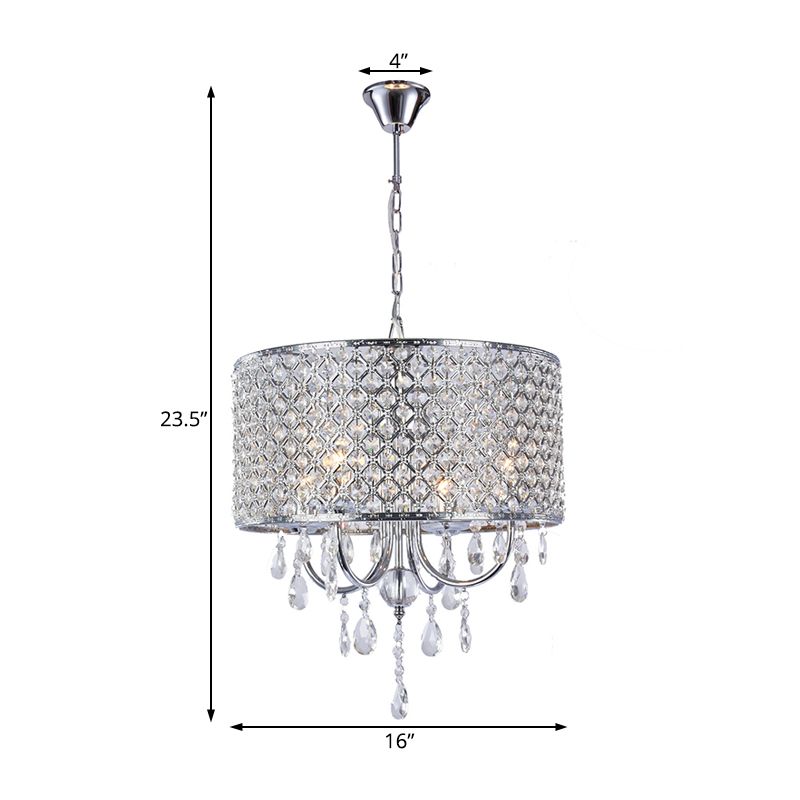 Crystal Black/Chrome Pendant Lamp Drum Shaped 4 Lights Rustic Chandelier Light Fixture for Dining Room