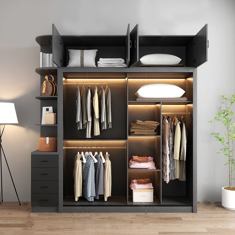 Manufactured Wood Grey Cabinet with Clothes Rail Modern Wardrobe with Sliding Doors