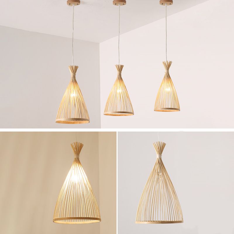 Conical Pendant Light Fixture Chinese Minimalist Bamboo 1 Light Restaurant Suspension Pendant