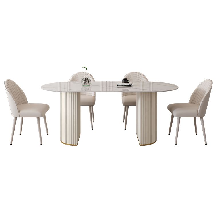 Contemporary Dining Table Stone Dining Table in White with Double Pedestal