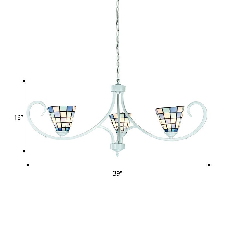 Cone Pendant Lighting with Adjustable Chain Traditional 3 Lights Stained Glass Chandelier in Blue