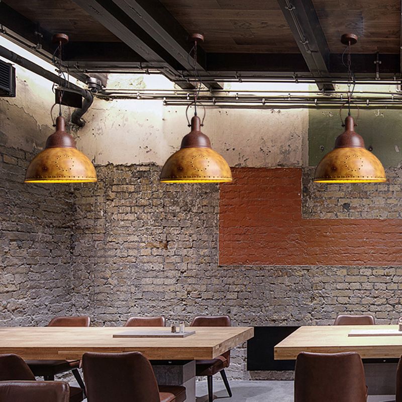 Domed Restaurant Hanging Ceiling Light Antique Style Wrought Iron 1 Light Yellow Pendant Lamp with Rivets