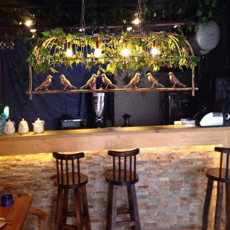 Bronze Birdcage Island Light Fixture Country Iron 4-Bulb Bar Suspension Light with Bird and Faux Ivy