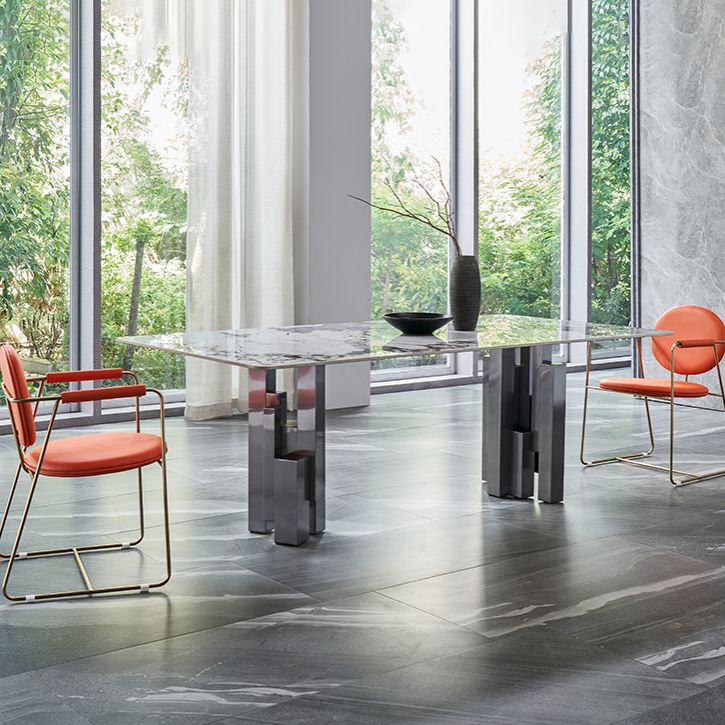 Modern Style Sintered Stone Dining Set with Grey Rectangle Shape Table and Double Pedestal Base