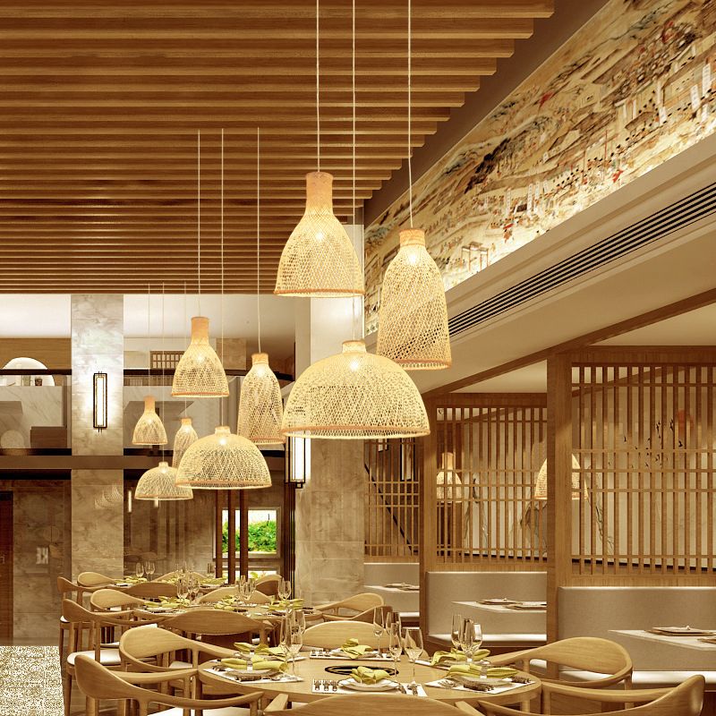 Handmade Bamboo Suspension Lighting Minimalist 1 Head Wood Pendant Ceiling Light for Tea Room