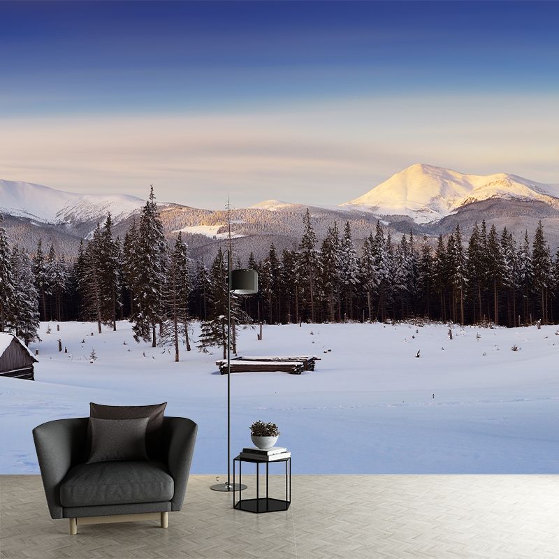 Winter Landscape Log Cabin Mural Nordic Non-Woven Cloth Wall Decor in Blue-Brown