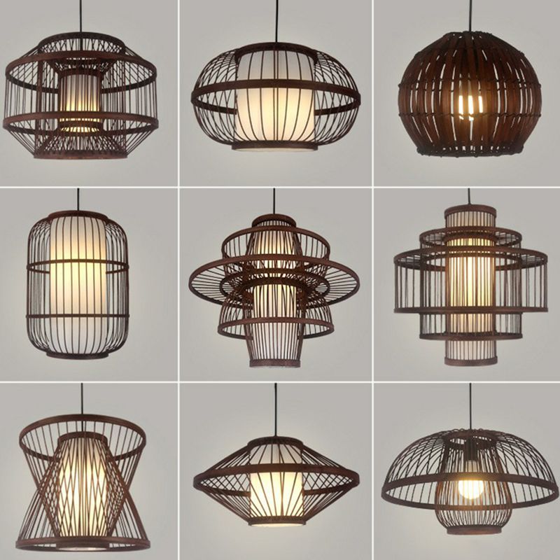 Coffee Finish Cage Hanging Lamp Contemporary Single-Bulb Bamboo Suspension Light