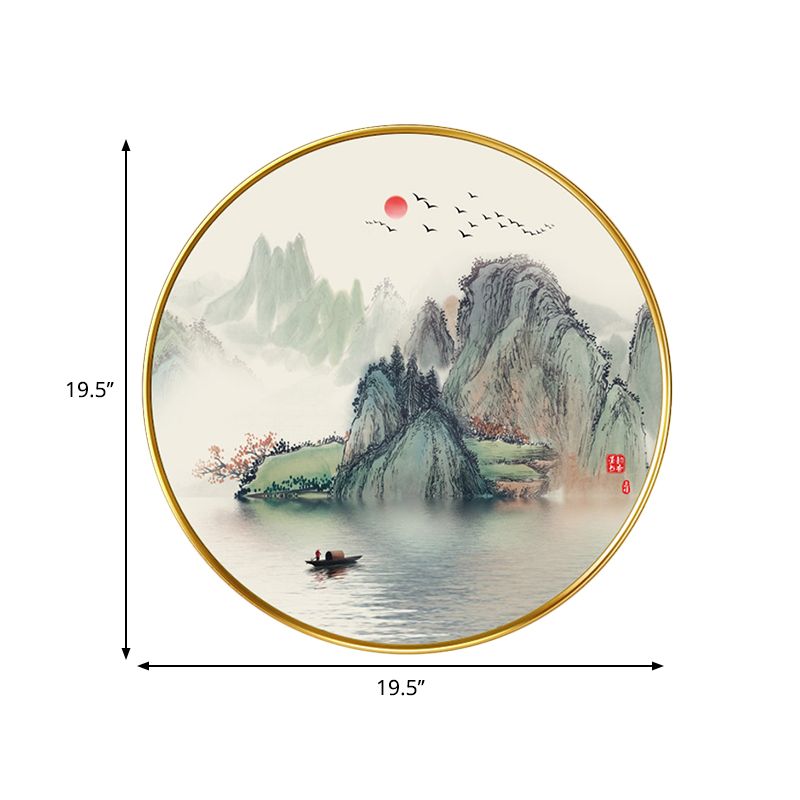 Asia Circular Acrylic Wall Mount Lamp LED Wall Mural Light in Gold with Lake and Mountain Pattern
