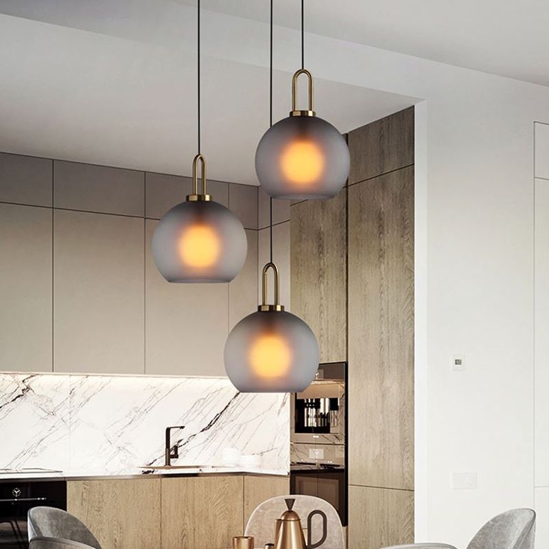 Frosted Smoky Grey Glass Sphere Pendant Modern Single-Bulb Brass Ceiling Hang Light with Handle, 8"/10"/12" Wide
