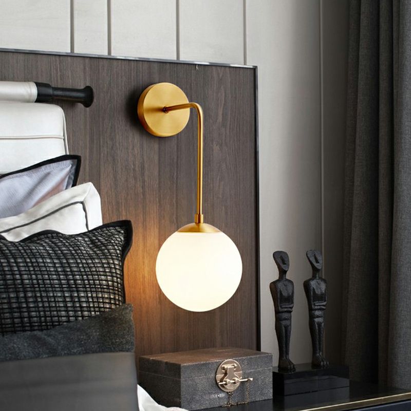 Global Wall Light Fixture Simplicity White Glass 1 Bulb Bedroom Sconce Lamp in Brass