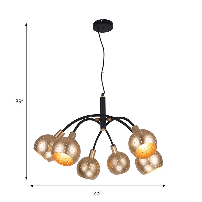 Gold and Black Dome Pendant Chandelier Modernism 6 Bulbs Metal Suspension Light with Hollow Out Design