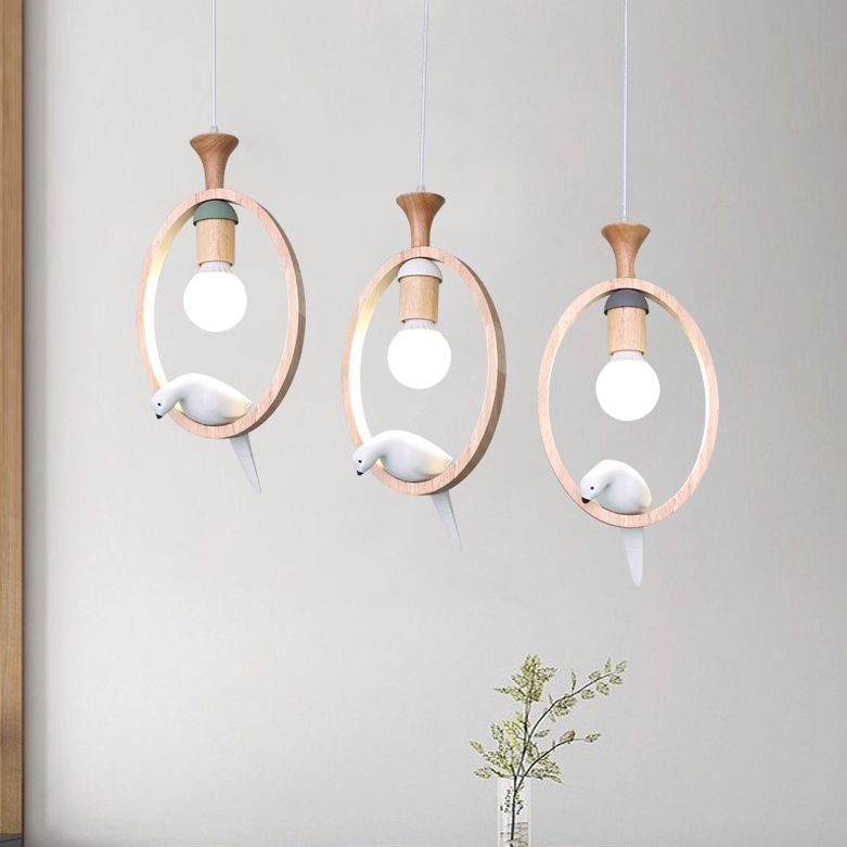 Dadelloze houten suspensielamp Noordse 1-licht hangerverlichting met harsvogel decor