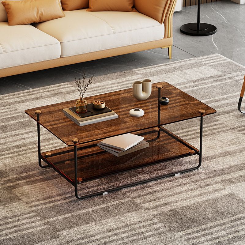 17.7"H Rectangle Glass Coffee Table Metal Sled Base Cocktail Table with Shelf