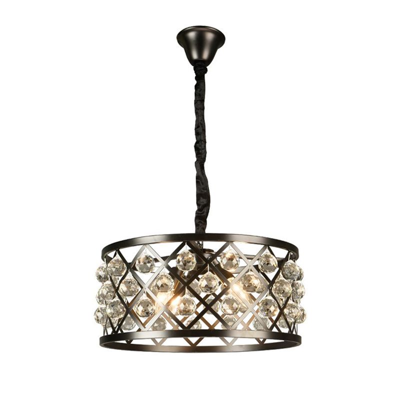 Metal and Crystal Round Ceiling Light 4 Lights Black Chandelier Lamp for Dining Room