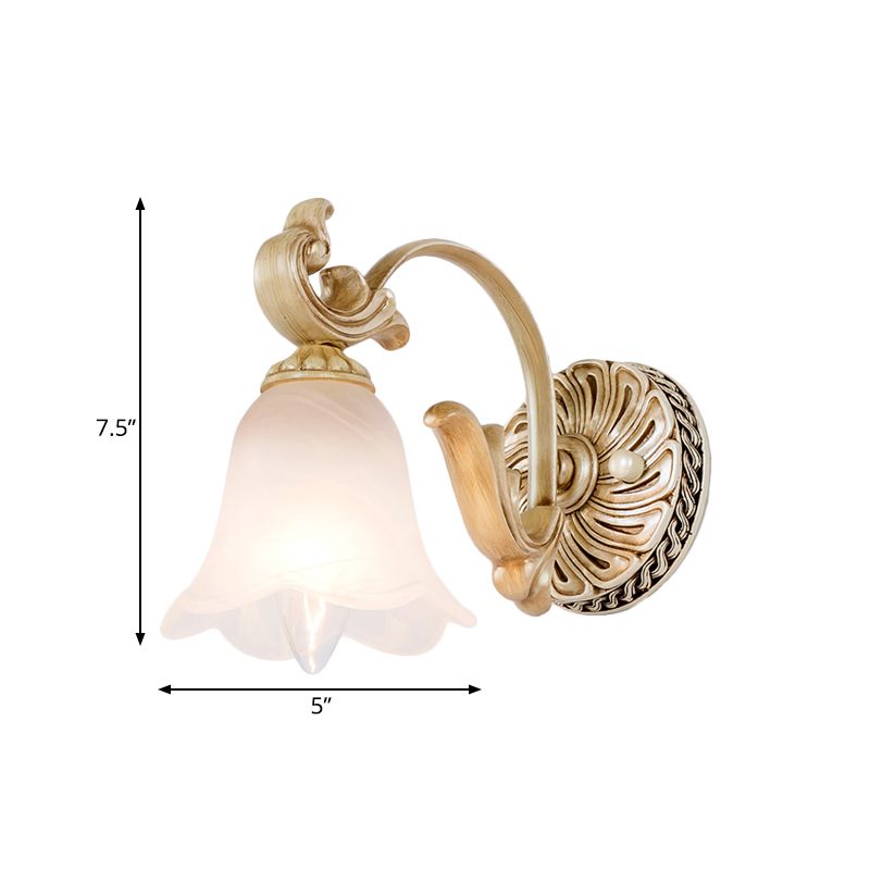 1/2/3-Head Flower Vanity Light Fixture Colonial Style Gold Opal Glass Wall Mounted Lamp for Bathroom