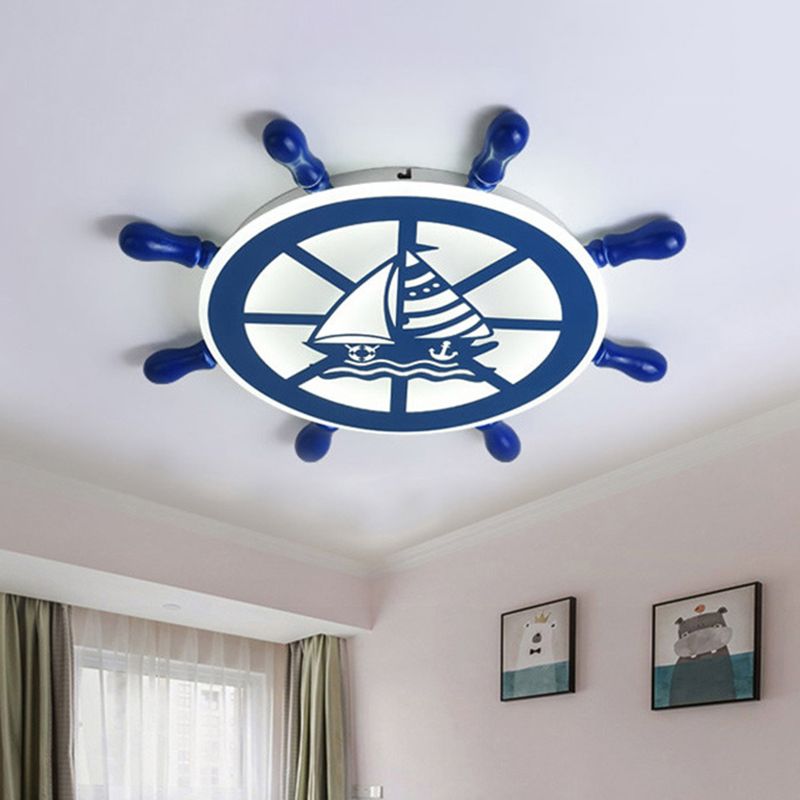 Nautical Rudder Flushmount Lighting Acrylic Boys Bedroom LED Close to Ceiling Lamp in Blue, Warm/White Light