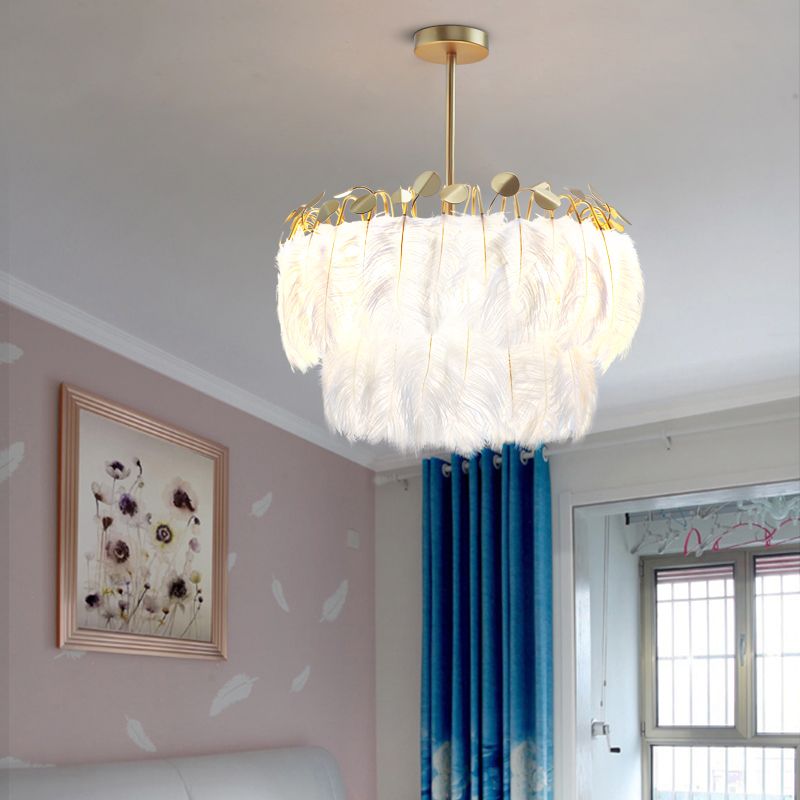 Round Chandelier Light Fixture Postmodern Feather White Hanging Lamp for Bedroom
