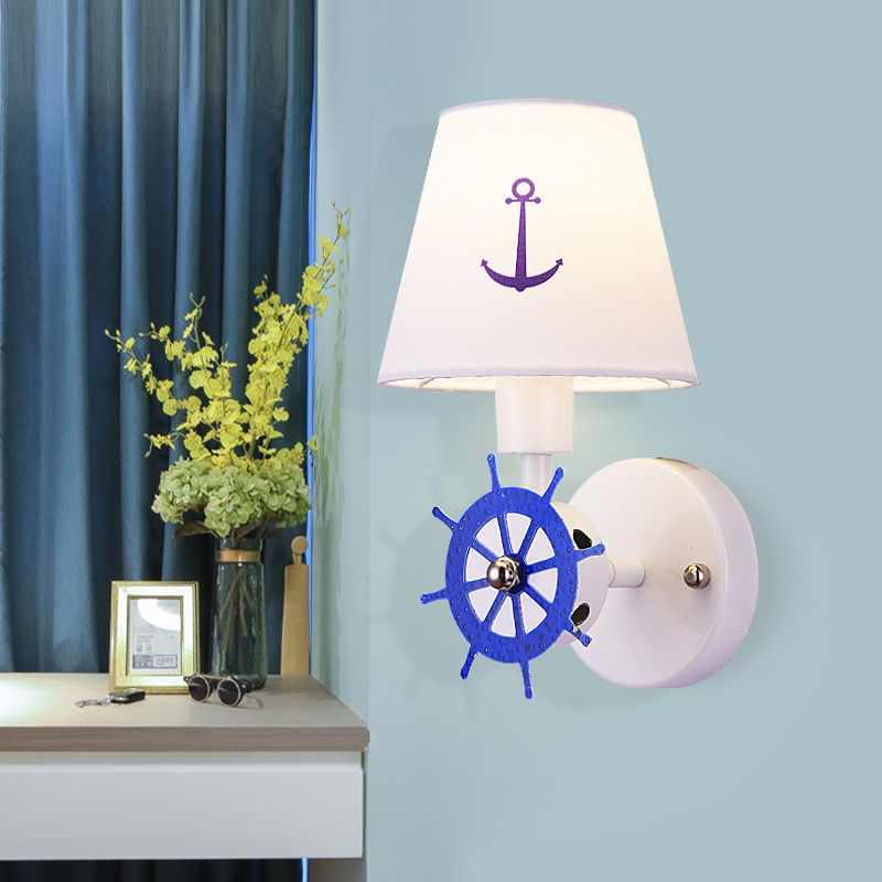 1 Bulb Tapered Shade Wall Light Nautical Fabric Sconce Light in White for Study Room