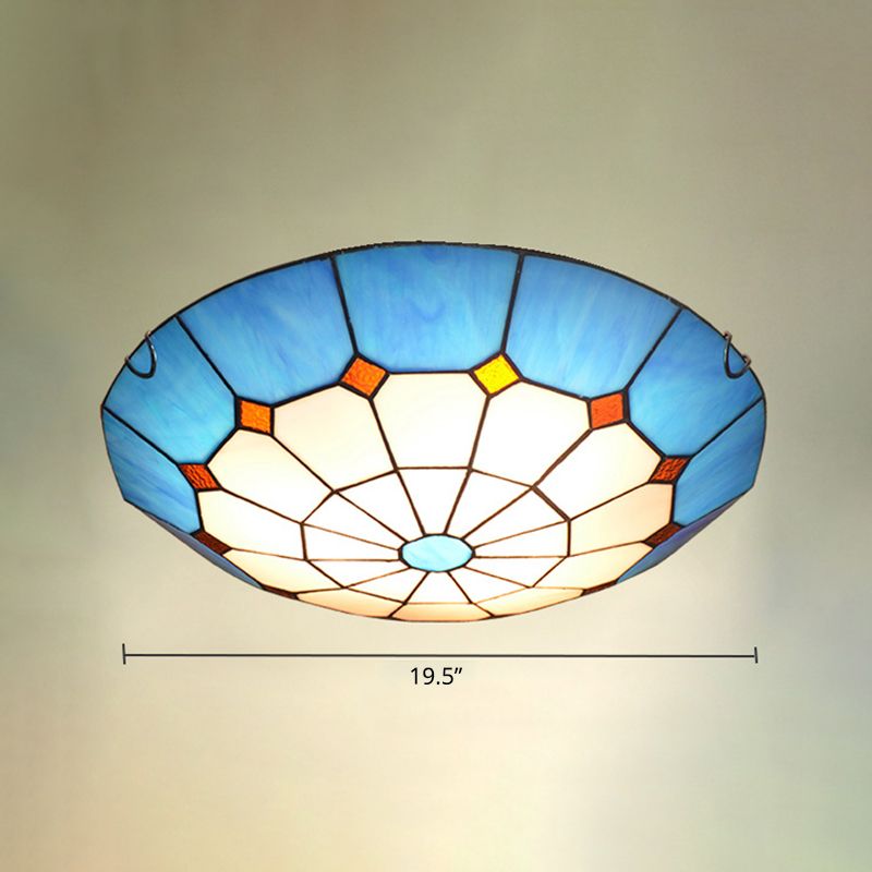 Bowl Flush Mount Lighting Mediterranean Gridded Glass Blue Ceiling Light Flush Mount