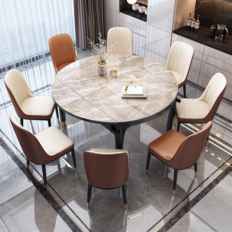 Modern Round Extendable Dining Table Stone Tabletop with Black Wood Legs