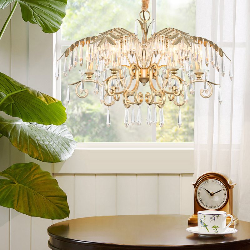 Crystal Palm Leaf Chandelier Colonial Style Dining Room Ceiling Suspension Lamp in Gold