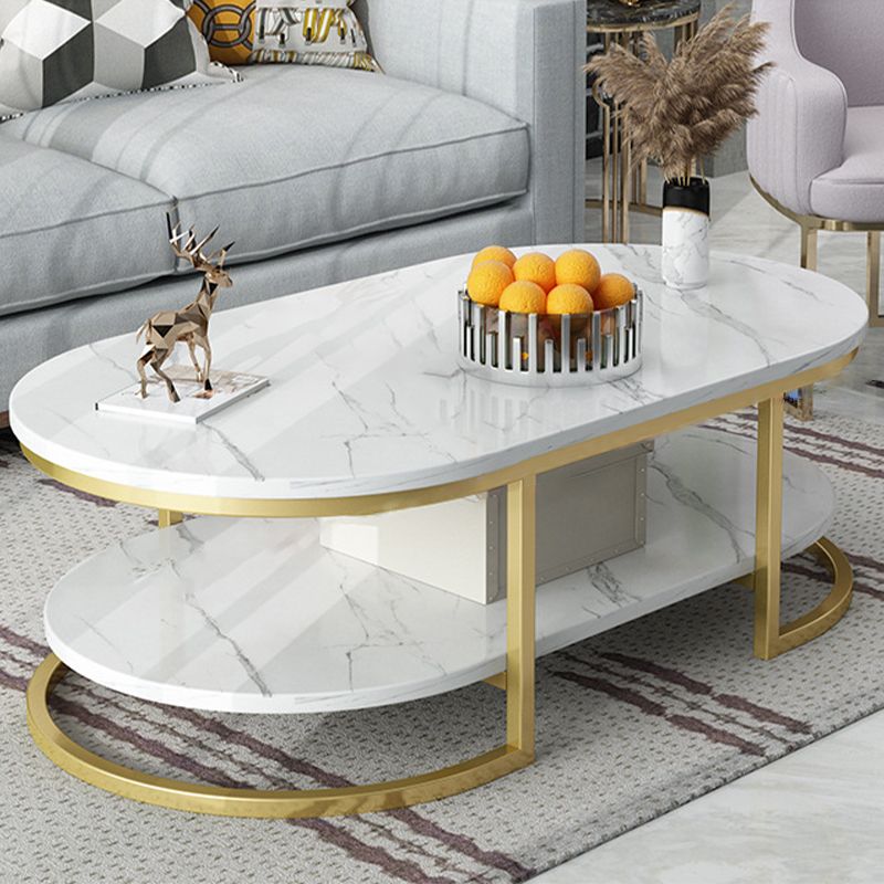 Modern Oval Marble Imitation Coffee Table with Metal Legs in Black/White with Shelf