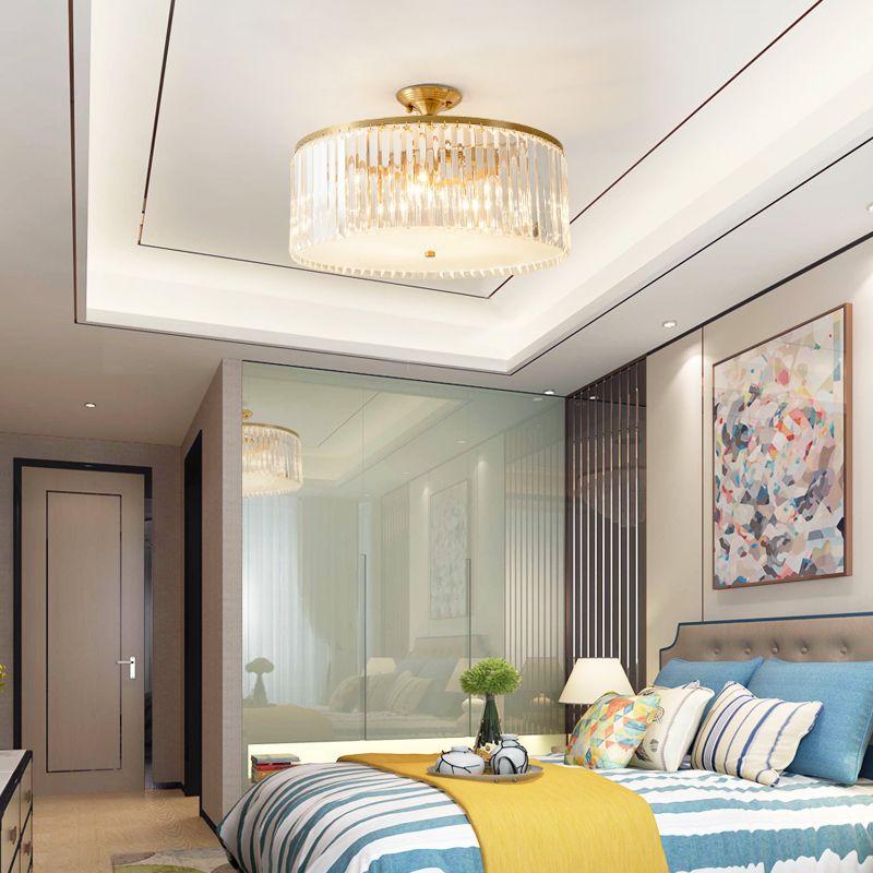 4/5/6 Bulbs Drum Semi Flush Ceiling Light Modern Clear Crystal Ceiling Lamp in Gold for Living Room
