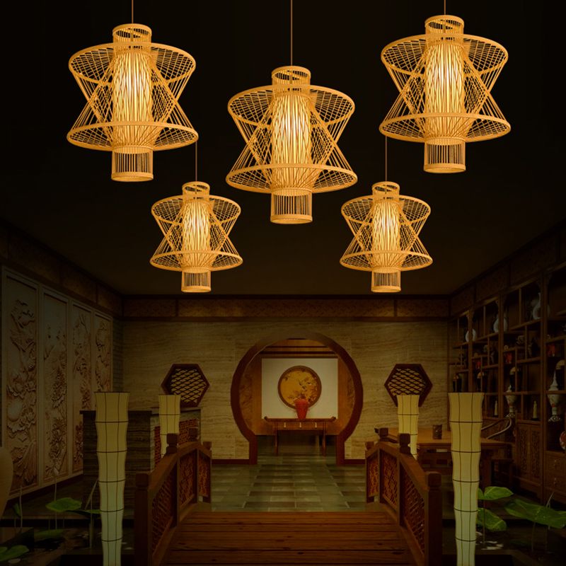 Chinese Style Bamboo Pendant Light Geometric Hanging Pendant for Restaurant