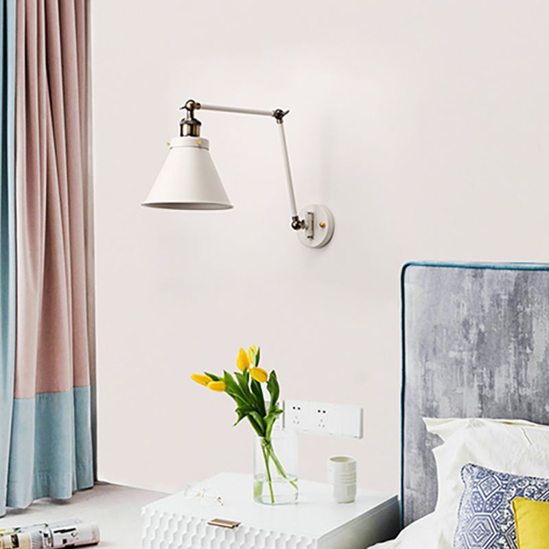 Cone Wall Lighting Fixture Industrial Style Metal 1 Bulb Black/White Wall Sconce Light with Swing Arm for Bedroom