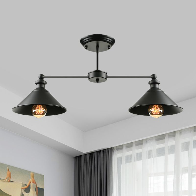 Double Conic Metallic Semi Flush Mount Light Industrial 2 Lights Dining Table Ceiling Lighting in Black