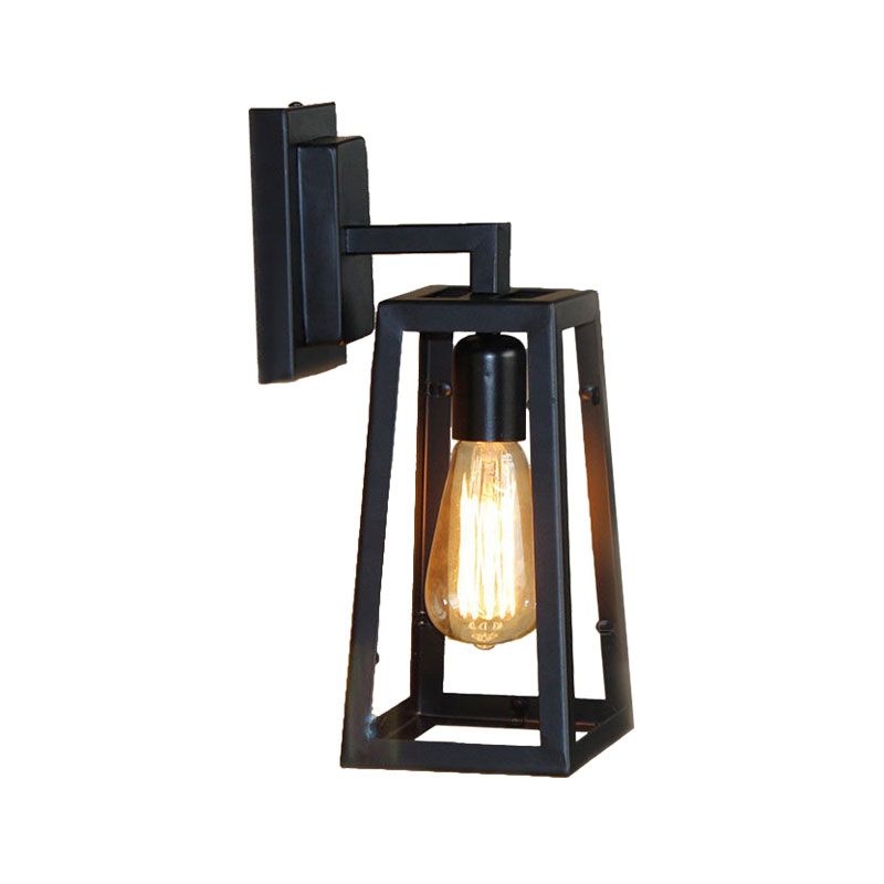 1 Bulb Trapezoid Cage Wall Lamp Industrial Stylish Matte Black Metallic Wall Mount Light for Living Room