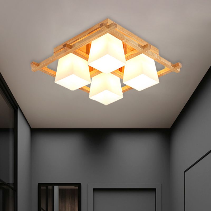Wooden Checkerboard Shape Flush Mount Light Study Room Japanese Style Ceiling Light in Beige