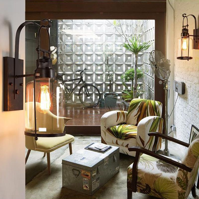 Black 1-Light Wall Mounted Light Fixture Industrial Clear Glass Cylinder Sconce Lamp