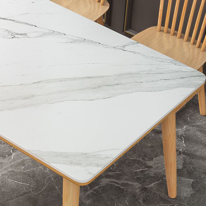 Modern White Rectangle Stone Dining Table with 4 Wooden Foot