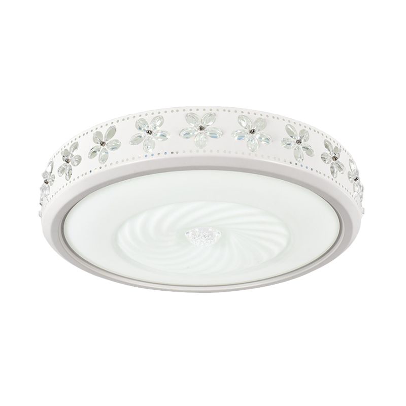 Round Metal Ceiling Fixture Minimalism 20.5"/24.5" Wide LED White Flush Mount Lamp with Floral Crystal Deco in Warm/White Light