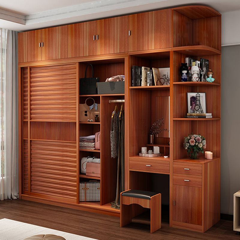 Brown Engineered Wood Wardrobe with Sliding Doors Modern Cabinet for Bedroom