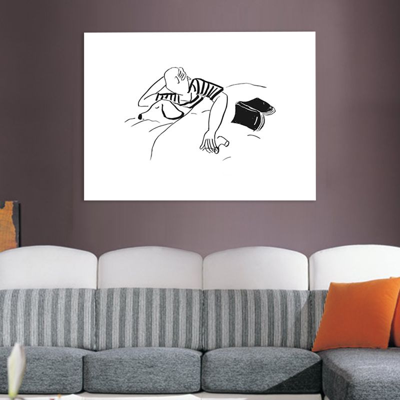 Minimalistic Canvas Art Black-White Man and His Dog Sleeping Pencil Drawing Wall Decor