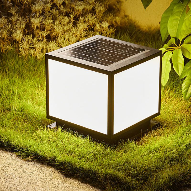 Metal Square Shape Pillar Lamp Modern Style 1 Light Solar Outdoor Light in Black