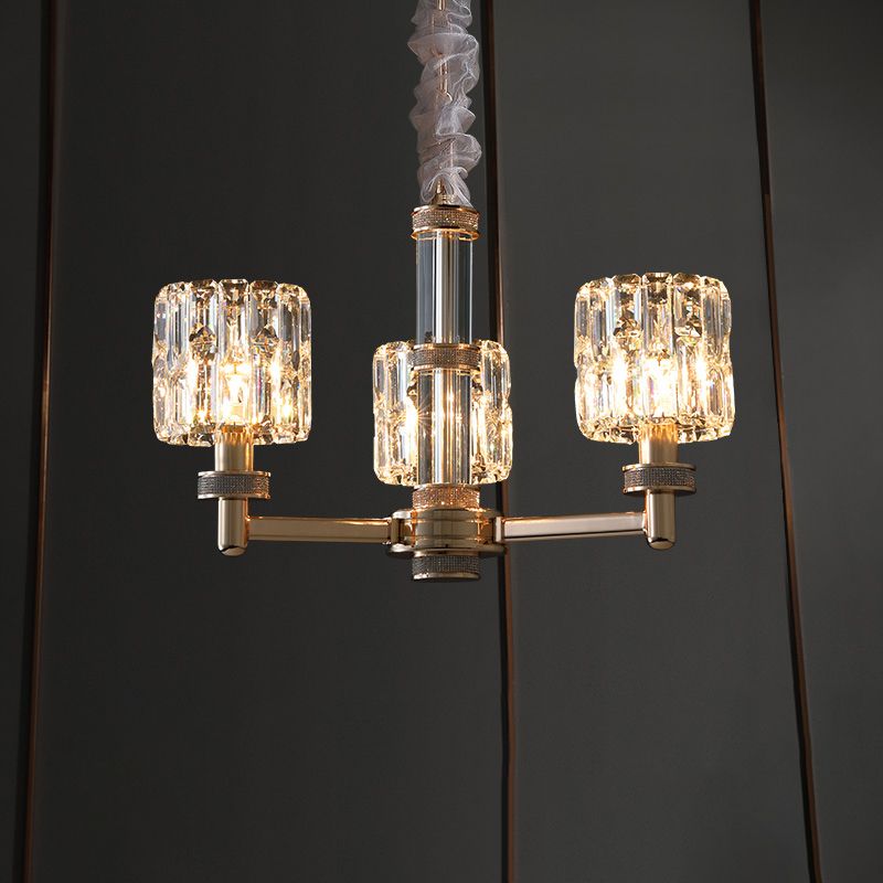 Crystal Cylinder Hanging Light Fixture Minimalistic Gold Ceiling Chandelier for Dining Room