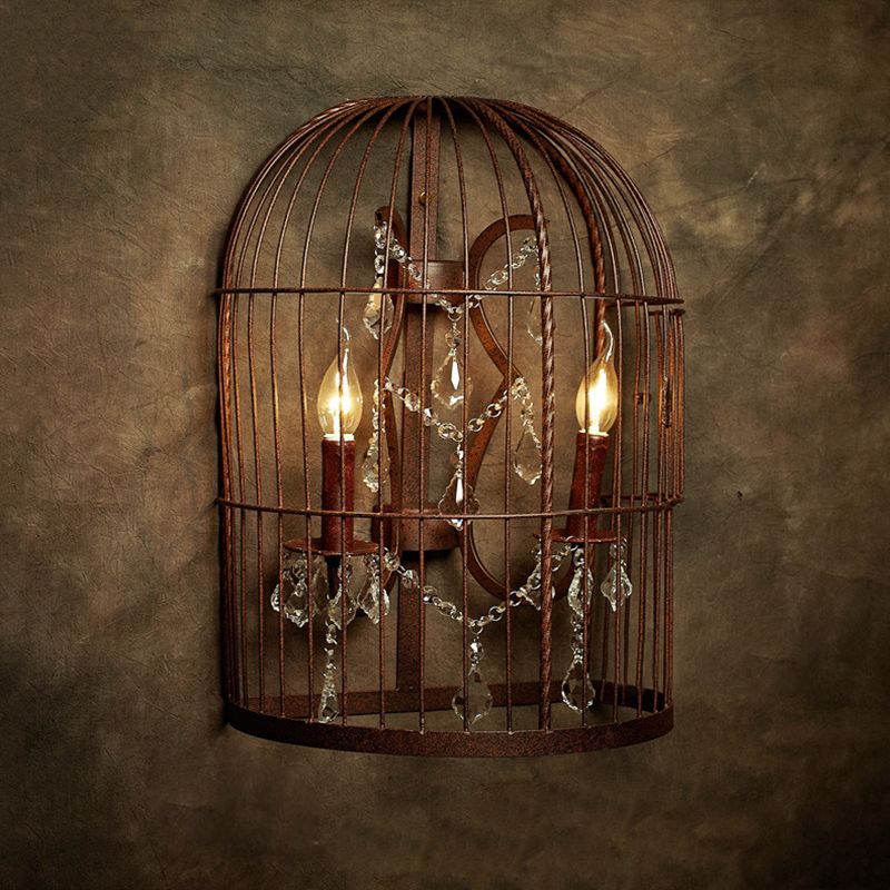 Rust 2-Light Sconce Light Country Metal Birdcage Mur Mur Lighting pour le salon avec Crystal Drop