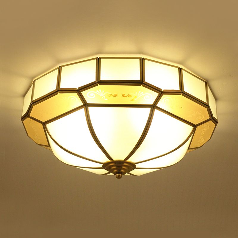 Bowl Milky Glass Ceiling Mounted Fixture Colonial 3/4 Bulbs Living Room Flush Mount Ceiling Lamp in Brass, 16"/19.5" W